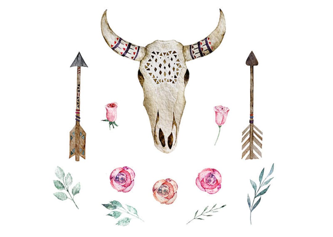 Boho Deer Skull Watercolor Clipart Floral Bouquets DIY Flowers Print ...