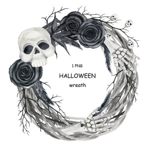 Watercolor Halloween  Party Wreath. Holiday Frame with black roses, feathers, skulls, PNG