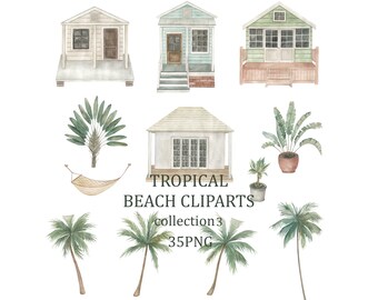 May include: Watercolor illustrations of tropical beach houses, palm trees, and a hammock. The houses are painted in various colors, including blue, green, and white. The palm trees have lush green leaves. The hammock is white and has a light blue pattern. The text "TROPICAL BEACH CLIPARTS collection 3 35PNG" is written in black.