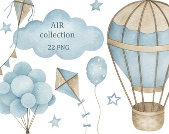 Air Collection. Watercolor hot air balloons clipart,  nursery wall decor, baby boy, digital download, png