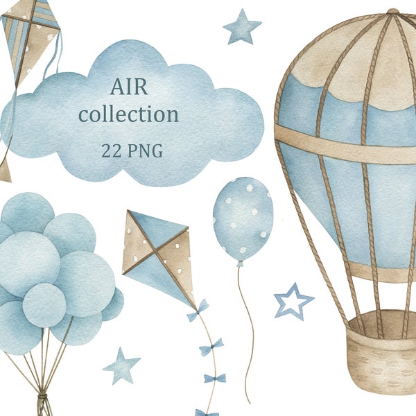 Air Collection. Watercolor hot air balloons clipart,  nursery wall decor, baby boy, digital download, png