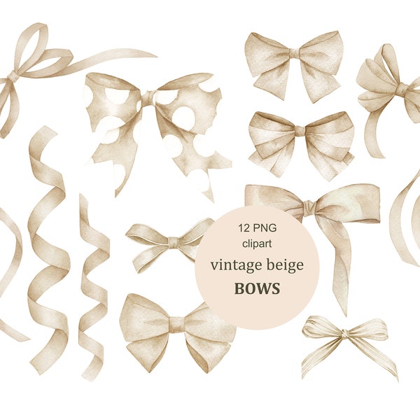Vintage beige Bows, Watercolor Ribbons Collection Clip Art. Baby shower, birthday card making, instant download