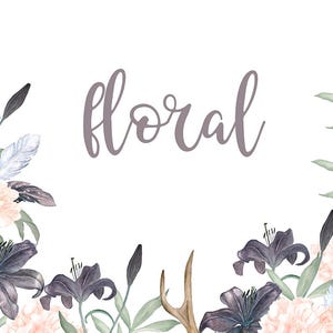 Floral Elements with Antlers, Boho, Ethnic, Tribal, clipart, watercolor, flowers, peony, card, diy, feathers