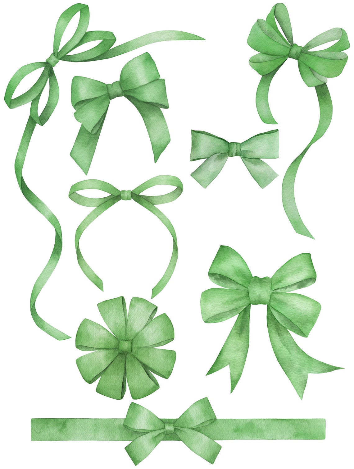 Watercolor Green Bows, Ribbons Collection Clip Art. Baby Shower