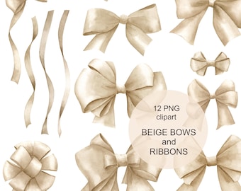 Clipart collection beige, crème de noeuds et de rubans. Baby shower, fabrication de cartes d'anniversaire, téléchargement immédiat, PNG