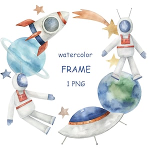Aquarell Weltraum Kranz, Astronaut, Raumschiff, Rakete, Sterne, PNG, Sofort Download
