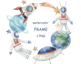 Watercolor Space Wreath, Outer space, Astronaut, Spaceship, Rocket, Stars, PNG,  Instant Download