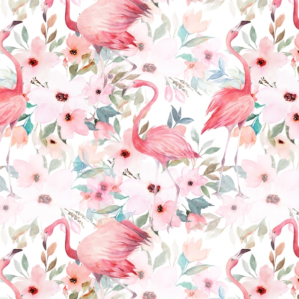 Watercolor Floral Seamless Pattern with Flamingo. Fabric Print, Commercial Use, Digital Download