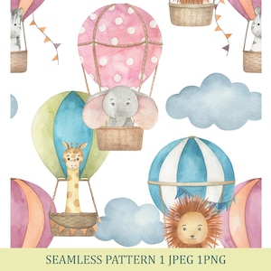 Aquarel baby naadloze patroon met hete luchtballon, leeuw, olifant, giraffe. Leuke stoffenprint, commercieel gebruik, digitale download