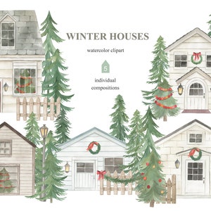 Watercolor houses clipart collection. Winter Christmas cottages. Buildings plants clip art png