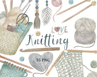 Watercolour Knitting collection. Crochet and Knitting clipart, PNG