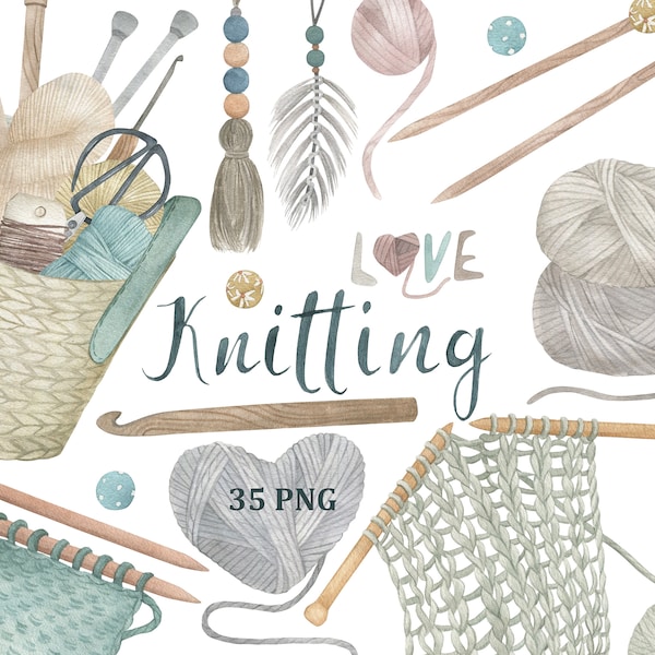 Watercolour Knitting collection. Crochet and Knitting clipart, PNG