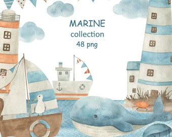 Marine Clipart Collection. Lighthouse, Ship, Seagulls, Ocean, Nautical cliparts, nursery wall decor, baby, boy, PNG