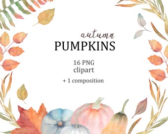 Autumn Pumpkin Clipart. Watercolor pumpkins and autumn floral digital clip art. Baby shower, birthday card making, instant download, PNG