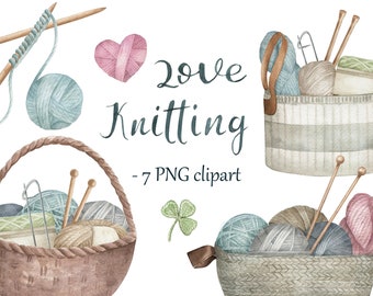 Watercolour Knitting collection. Crochet and Knitting clipart, PNG