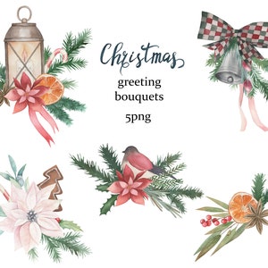 Buquês de Natal Greetuin, cliparts em aquarela, decorações de inverno, lanterna, dom-fafe, sino, arco, ramo de abeto, png