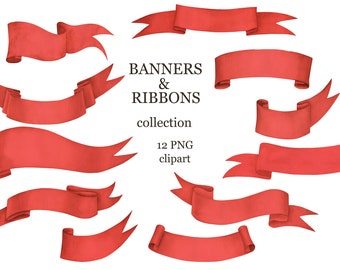 Watercolor red banner clipart, red ribbon clipart,  scroll clipart,  PNG