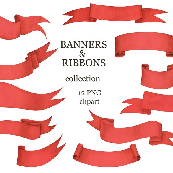 Watercolor red banner clipart, red ribbon clipart,  scroll clipart,  PNG