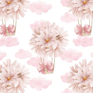 Balão Floral Rosa Aquarela Bonito Com Padrão Sem Costura De Laço. Chá De Bebê, Aniversário, Impressão Em Tecido, Uso Comercial, Download Digital