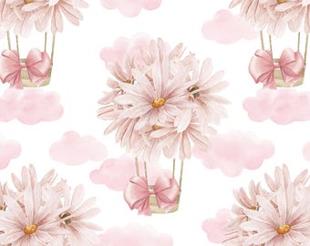 Watercolor Pink Floral Cute Ballon With Bow Seamless Pattern. Baby Shower, Birthday, Fabric Print, Commercial Use, Digital Download