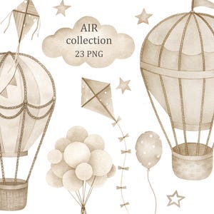 Beige Air-collectie. Aquarel heteluchtballonnen clipart, babyshower, verjaardag, kinderkamer neutraal wanddecor, baby, digitale download, png