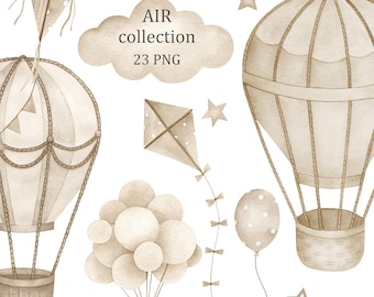 Beige Air Collection. Watercolor hot air balloons clipart, baby shower, birthday, nursery neutral wall decor, baby,  digital download, png