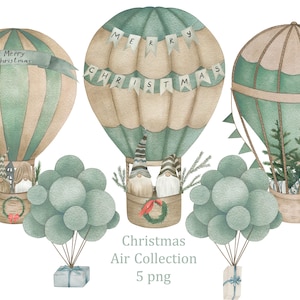 Christmas Air Balloon Collection. Watercolor cliparts, gnomes, wreaths, spruces, sublimation, scrapbooking, png.