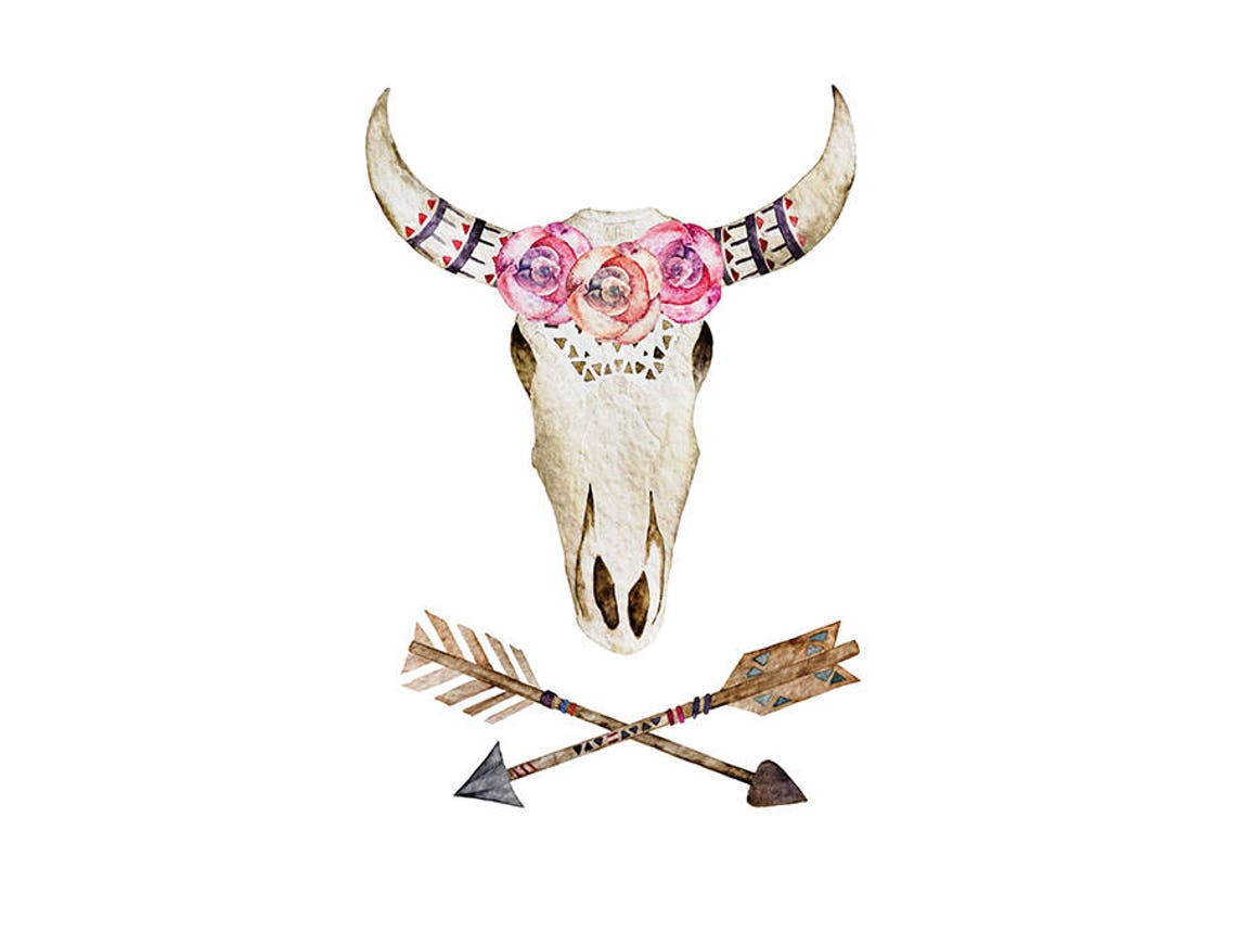 Boho Deer Skull Watercolor Clipart Floral Bouquets DIY Flowers Etsy