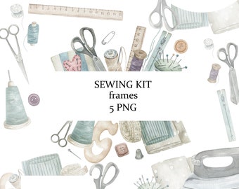 May include: A watercolour illustration of a sewing kit with various tools, including scissors, thread, buttons, needles, fabric, and a ruler. The text "SEWING KIT frames 5 PNG" is written in the centre of the image.