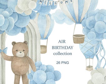 Puede incluir: Una ilustración de acuarela de un globo aerostático azul y blanco con un oso de peluche, nubes y globos. El texto "AIR BIRTHDAY collection 26 PNG" está escrito debajo del globo.