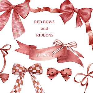 Aquarelle rouge collection de noeuds et de rubans Clip Art. Fête prénatale, anniversaire, Noël, fabrication de cartes, téléchargement immédiat