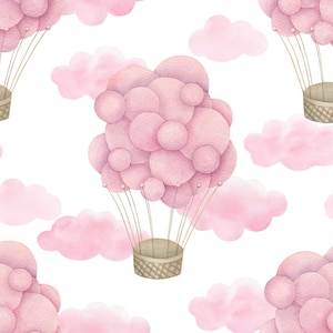 Watercolor Pink Hot Air Ballon With Clouds  Seamless Pattern. Fabric Print, Commercial Use, Digital Download