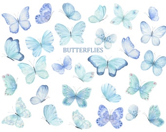 May include: Watercolor illustration of blue butterflies with the word "Butterflies" in the center.