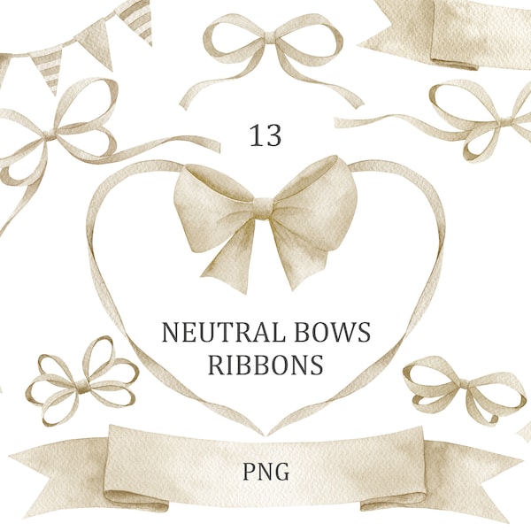 Watercolor Neutral Beige Bows, Ribbons Collection Clip Art. Baby shower, boy, birthday card making, wedding, invitation, instant download