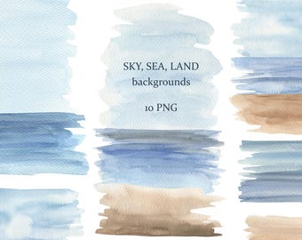 Sky, sea, land backgrounds. Watercolor spot clipart, watercolor splashes, png