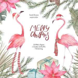 Watercolor Jungle Christmas Clipart with Flamingo, tropical leaves, fir branches