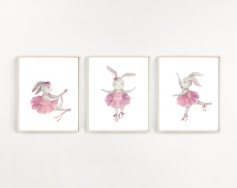 Set Of 3 Prints Ballet Rabbit Watercolor  Pink Bunny Print  Decor Art Printable  Wall Art Ballet Art Instant DOWNLOAD