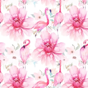 May include: Watercolor pattern featuring pink flamingos and large pink peony flowers on a white background. The design includes smaller white flowers and green leaves, creating a soft, floral aesthetic.