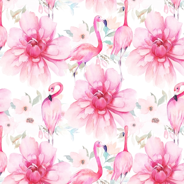 Watercolor Flamingos in Flowers. Floral Seamless Pattern, Fabric Print, Commercial Use, Digital Download