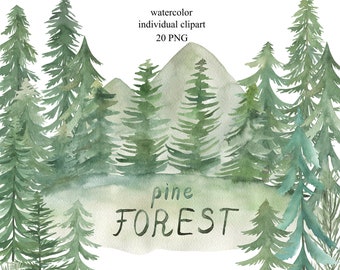 Watercolor Pine Trees Clipart Collection. Woodland pine trees, landscapes, mountain digital clip art