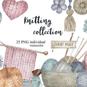 Aquarell Strickkollektion. Häkeln und Stricken Clipart, PNG