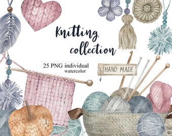 Watercolour Knitting collection. Crochet and Knitting clipart, PNG