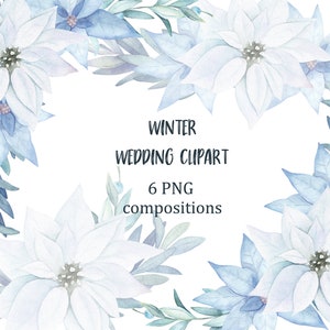 Clipart di Natale dell'acquerello. Fiori blu cielo matrimonio invernale. PNG