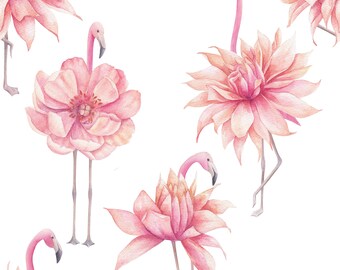 Watercolor Seamless Pattern with Flamingos in Flowers. Fabric Print, Commercial Use, Digital Download