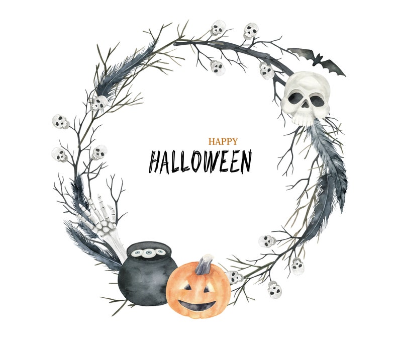Watercolor Halloween Wreath. Holiday Frame With Skulls, PNG - Etsy