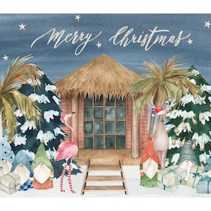 Sublimation tropicale de Noël. Aquarelle paysage avec flamant rose, gnomes, palmiers, bungalow. Carte de voeux, impression