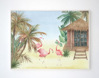 Tropical Landscape With Flamingos Wall Art Print  Printable Modern Wall Art Instant Download