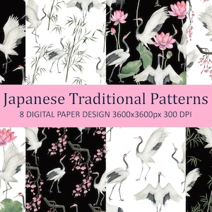 Japanische traditionelle Kollektion. Aquarell nahtlose Muster, digitales Papier, Reiher, Kranich, Storch, Sakura, Bambus