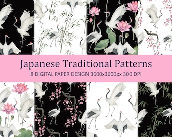 Japanese Traditional Collection. Watercolor Seamless  patterns, digital paper, heron, crane, stork, sakura, bamboo