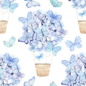 Aquarell-Blumenniedlicher Ballon mit Schmetterlingen-nahtlosem Muster. Stoffdruck, Kommerzielle Nutzung, Digitaler Download